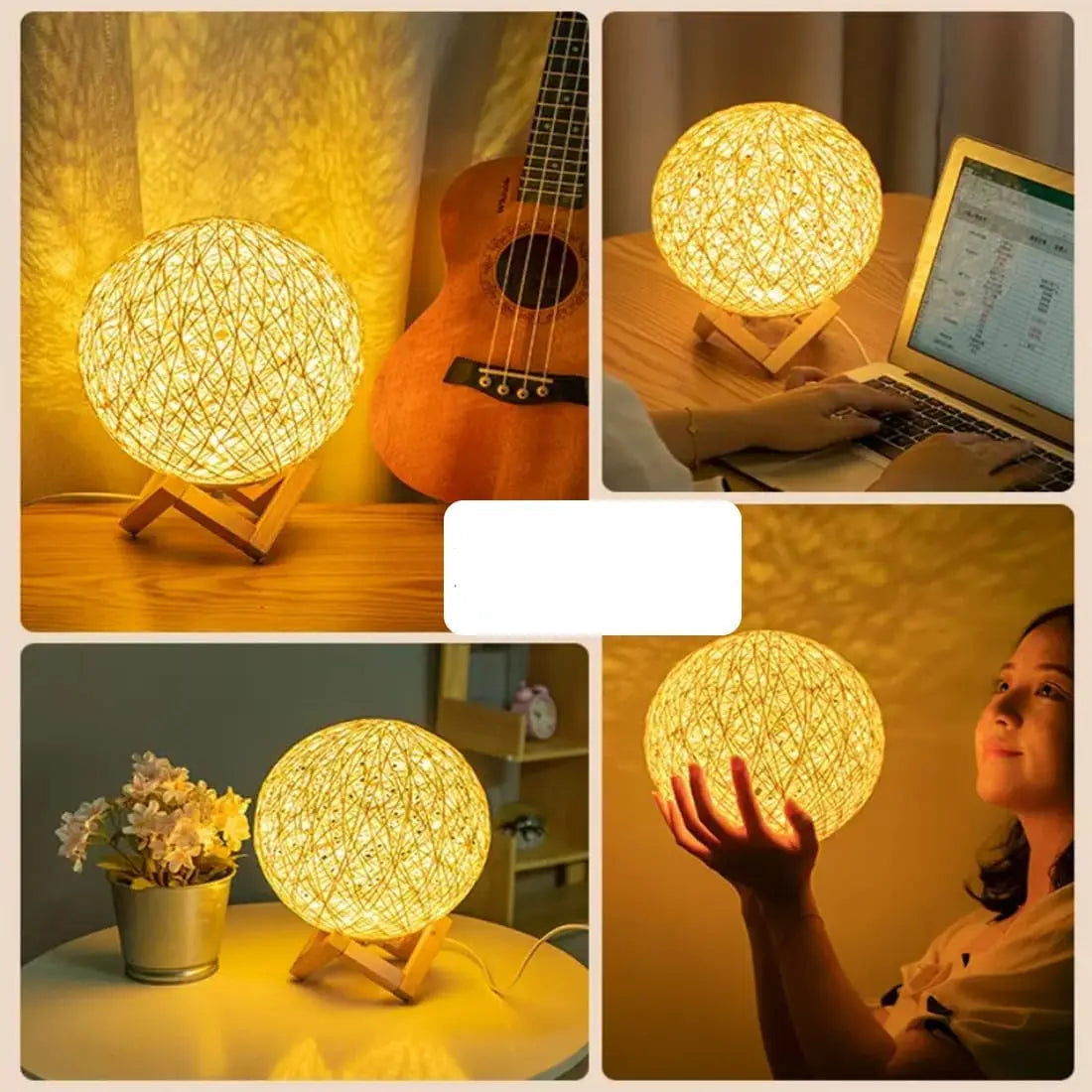 Lampe de chevet rotin en forme de boule sur socle en bois