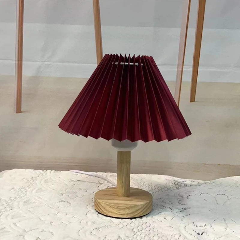 Lampe de Chevet en bois naturel bohème avec abat-jour plissé