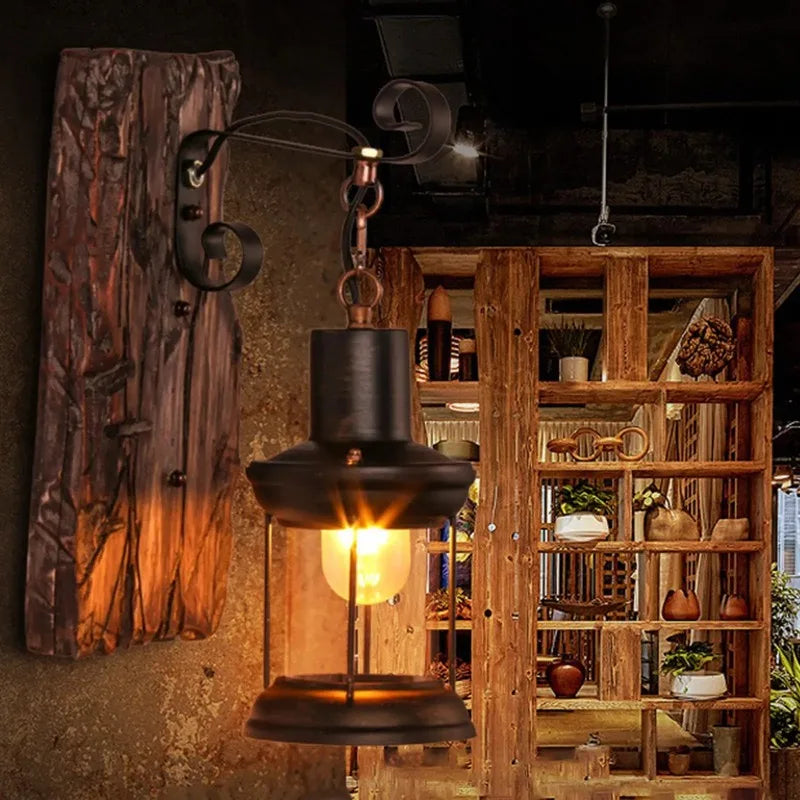 Lampe de chevet murale vintage en métal avec support en bois