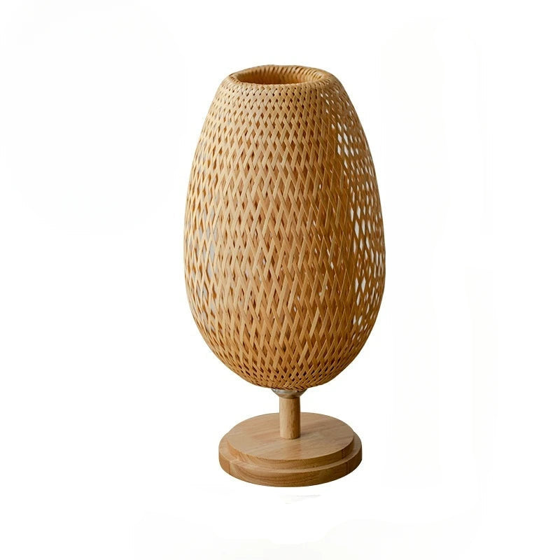 Lampe de chevet rotin bohème dôme sur pied en bois