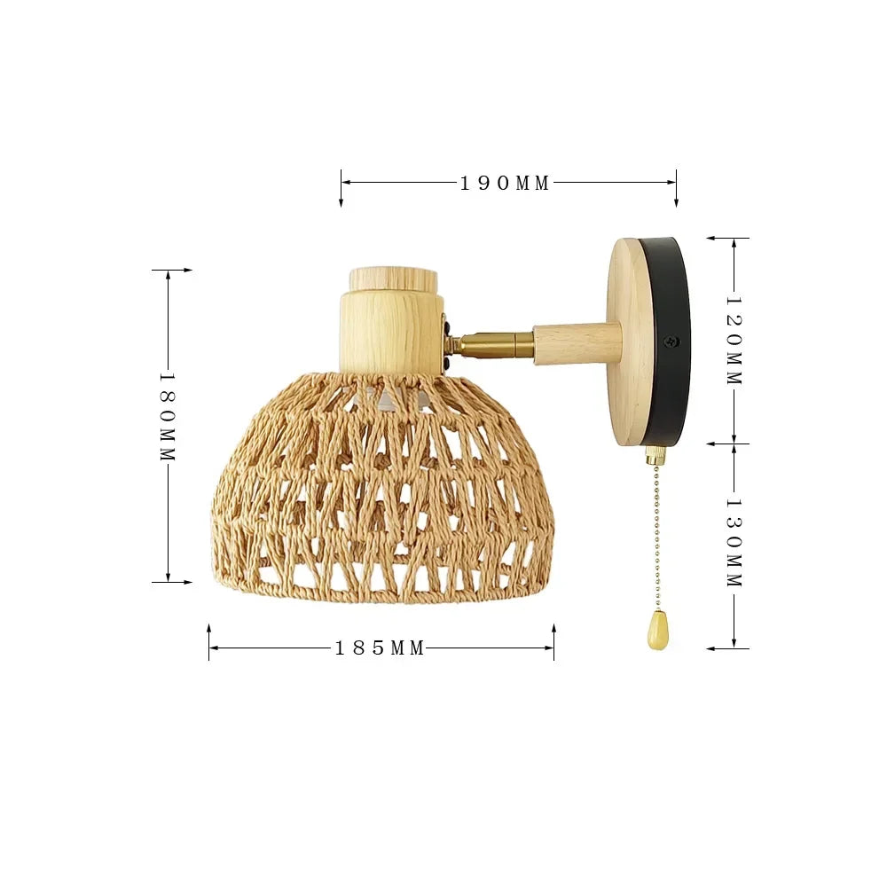 Lampe de chevet rotin artisanale murale avec tirette