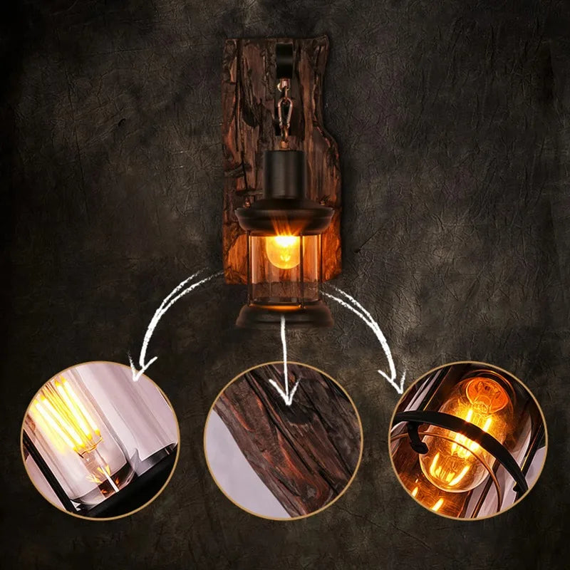 Lampe de chevet murale vintage en métal avec support en bois