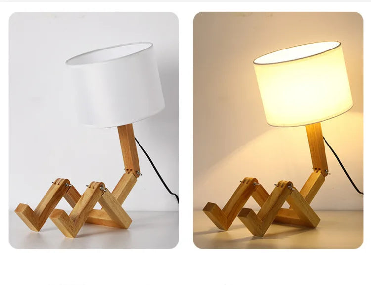 Lampe de chevet en bois artisanale en forme de petit bonhomme