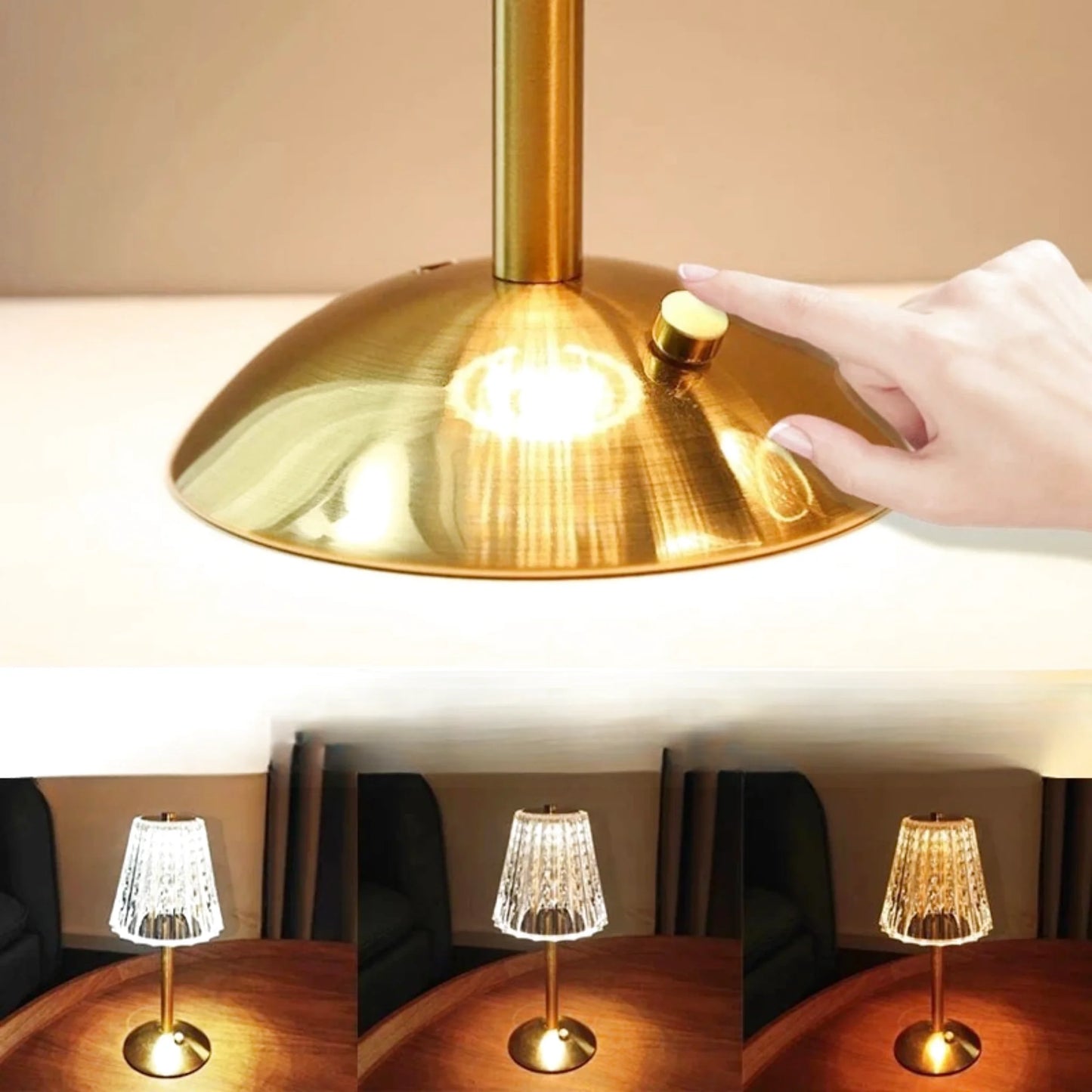 Lampe de chevet sans fil rechargeable en métal doré avec abat-jour en cristal