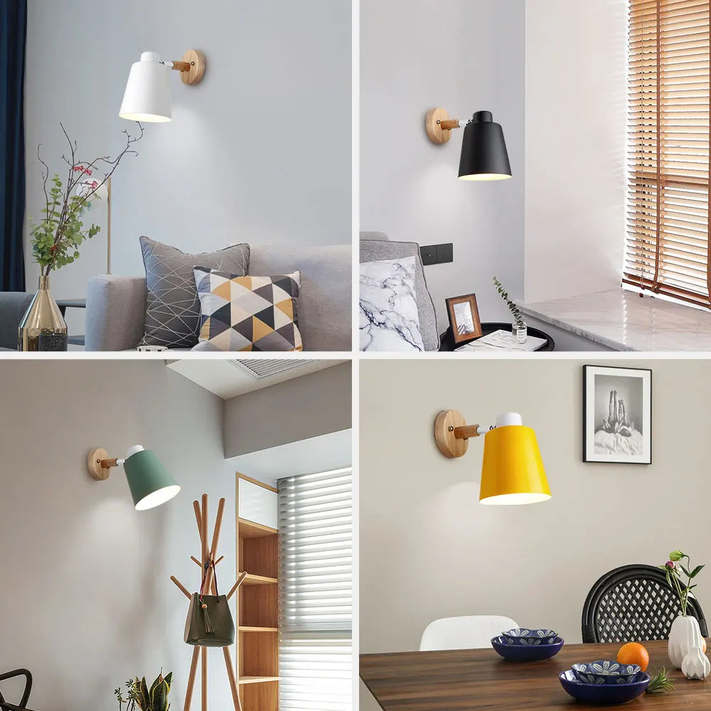 Lampe de chevet murale  scandinave avec abat-jour en métal et base en bois avec interrupteur à cordon