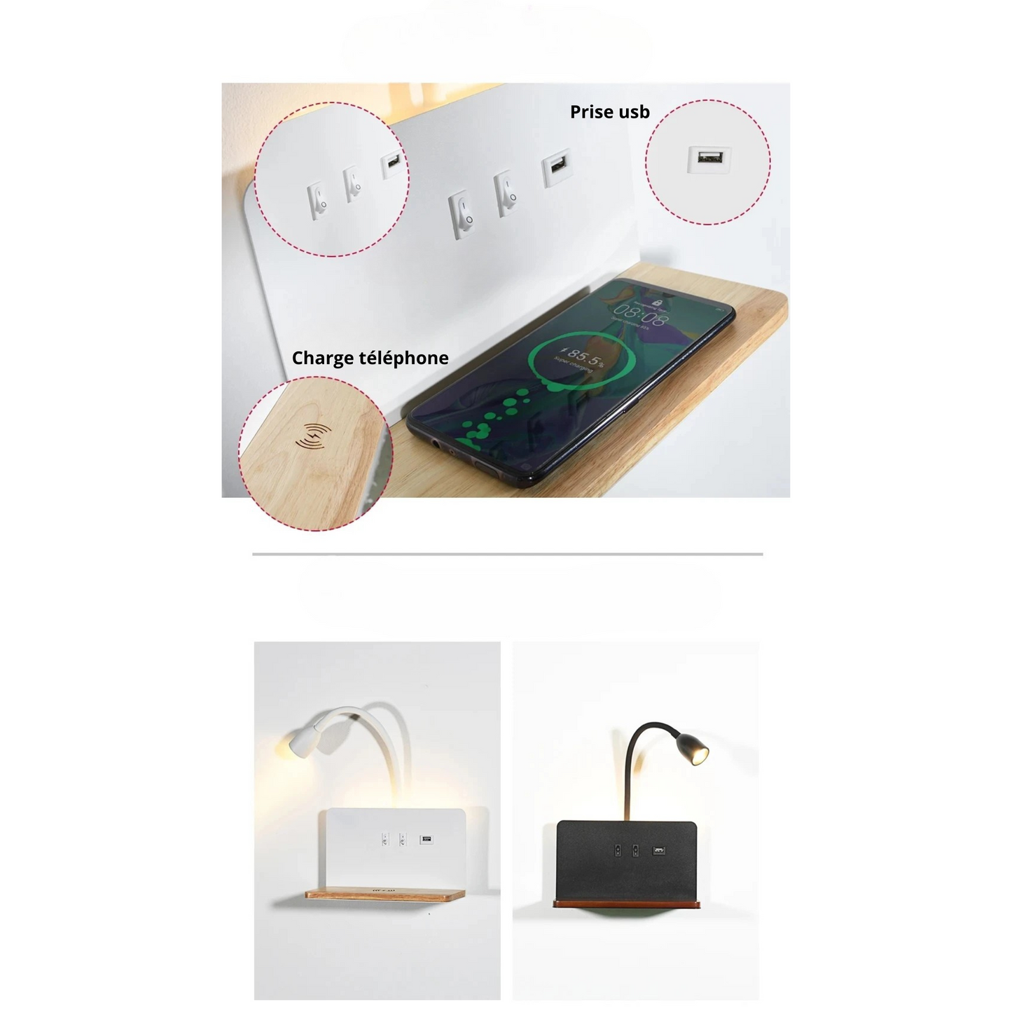Lampe de chevet murale en métal sans fil avec chargeur induction intégré