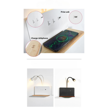 Lampe de chevet murale en métal sans fil avec chargeur induction intégré