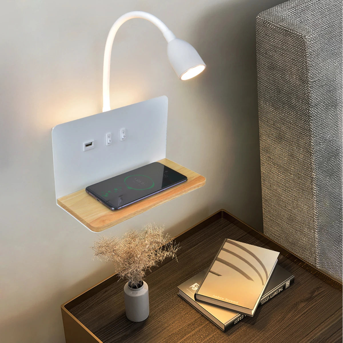 Lampe de chevet murale en métal sans fil avec chargeur induction intégré
