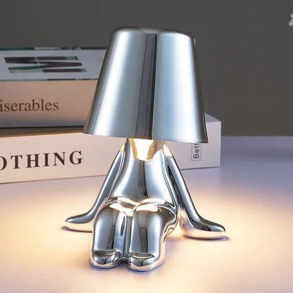 Lampe de chevet design petit bonhomme en métal tactile or et argent