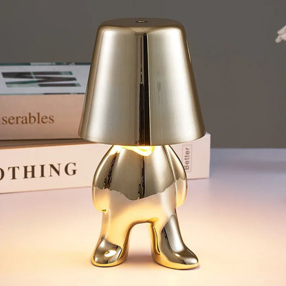 Lampe de chevet design petit bonhomme en métal tactile or et argent