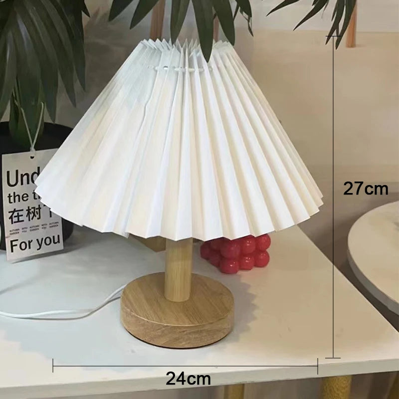 Lampe de Chevet en bois naturel bohème avec abat-jour plissé