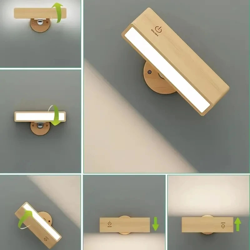 Lampe de chevet murale en bois sans fil orientable & rechargeable