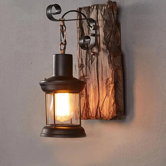 Lampe de chevet murale vintage en métal avec support en bois