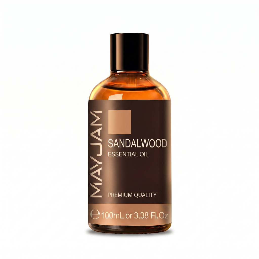 Contenu du trio : huile essentielle MAYJAM Santal 100 ml, packshot sur fond blanc – Halo Maison