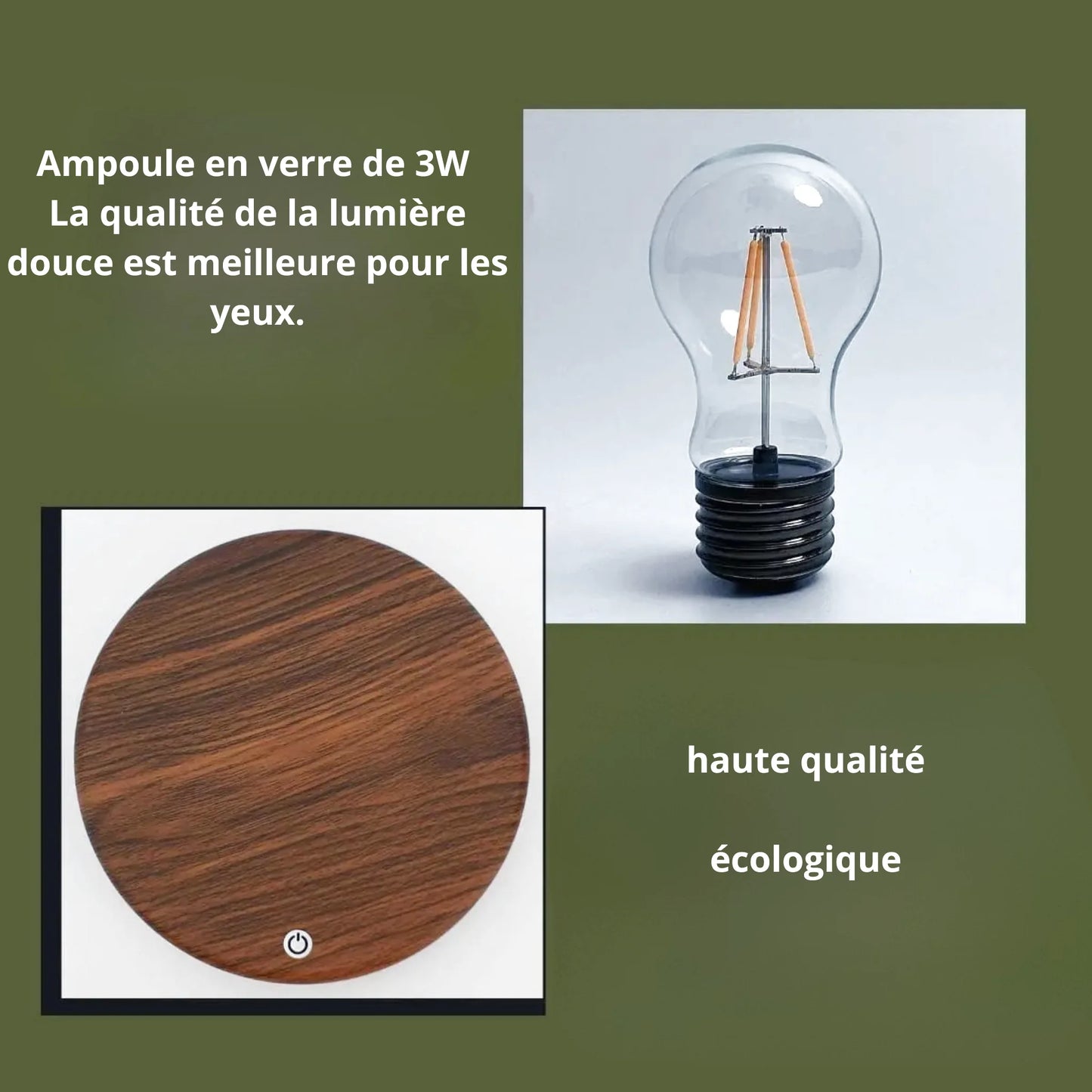 Lampe de chevet en bois vintage avec ampoule en lévitation