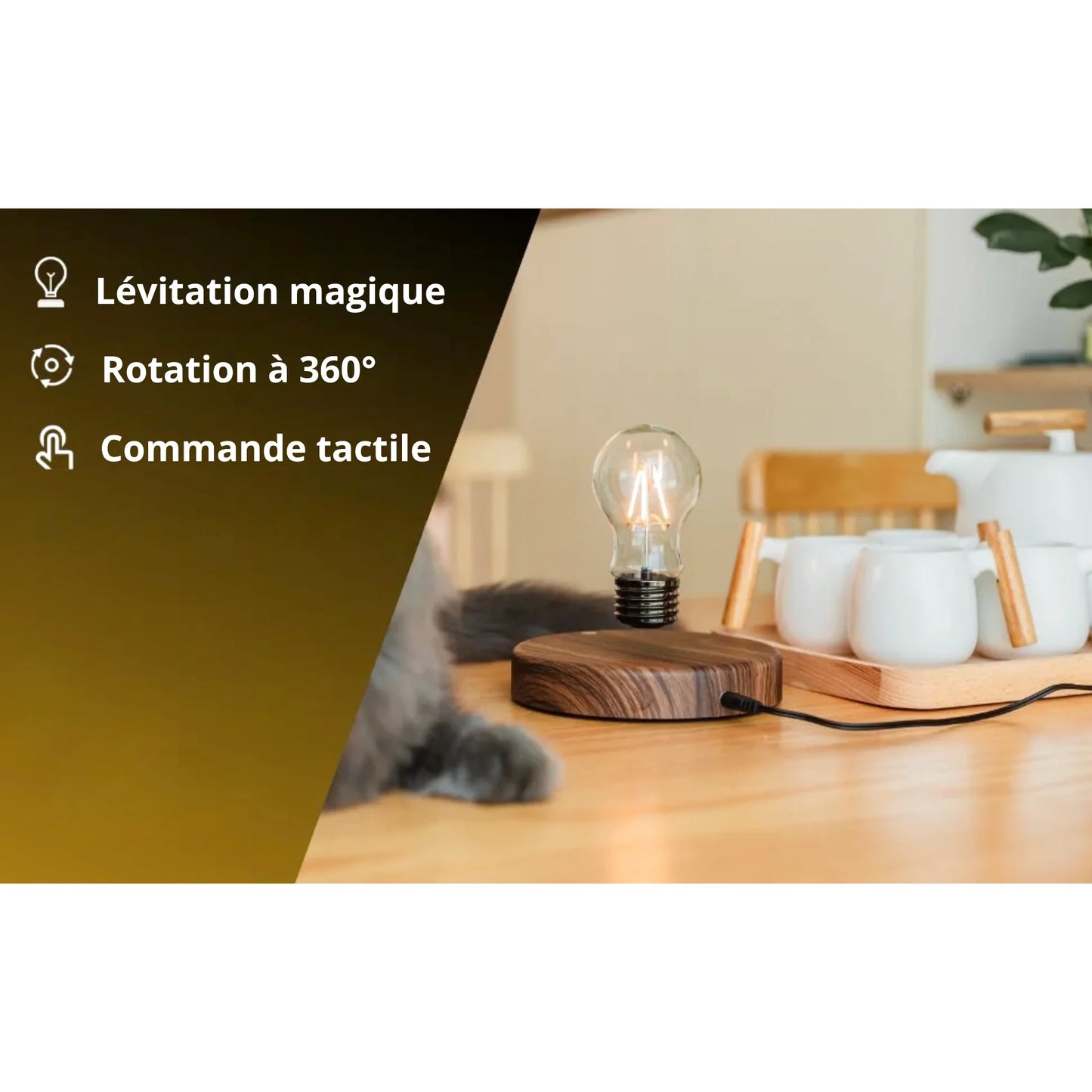 Lampe de chevet en bois vintage avec ampoule en lévitation
