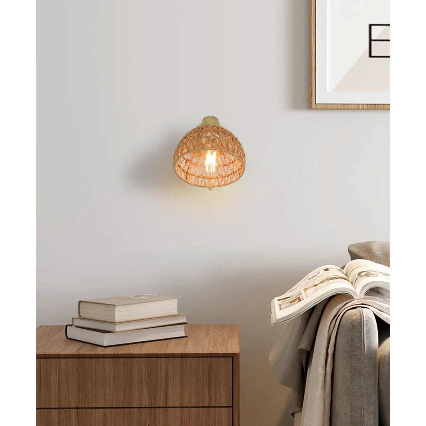Lampe de chevet rotin artisanale murale avec tirette
